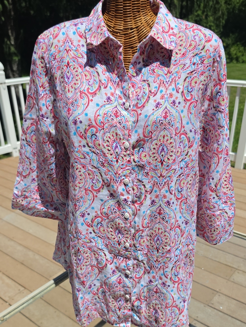 Chico's 100% Linen Women's Pink Paisley Button-Front Shirt